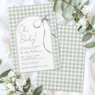 Salbeigrüne Schleifen-Gingham-Baby-Party Einladung