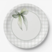 Salbeigrüne Schleifen-Gingham-Baby-Party Pappteller (Vorderseite)