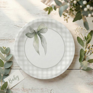 Salbeigrüne Schleifen-Gingham-Baby-Party Pappteller
