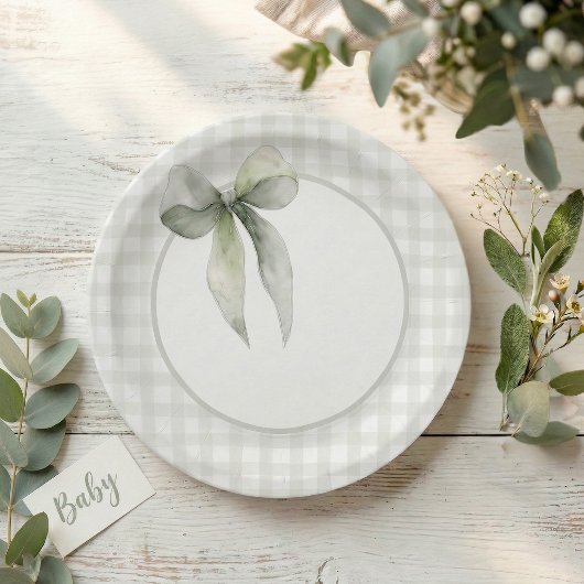 Salbeigrüne Schleifen-Gingham-Baby-Party Pappteller