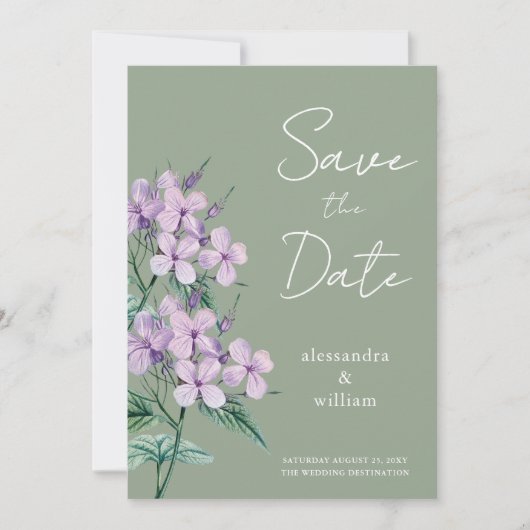 Salbeigrüne Schrift Blumen Save The Date Karte (Vorderseite)