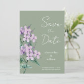 Salbeigrüne Schrift Blumen Save The Date Karte (Stehend Vorderseite)