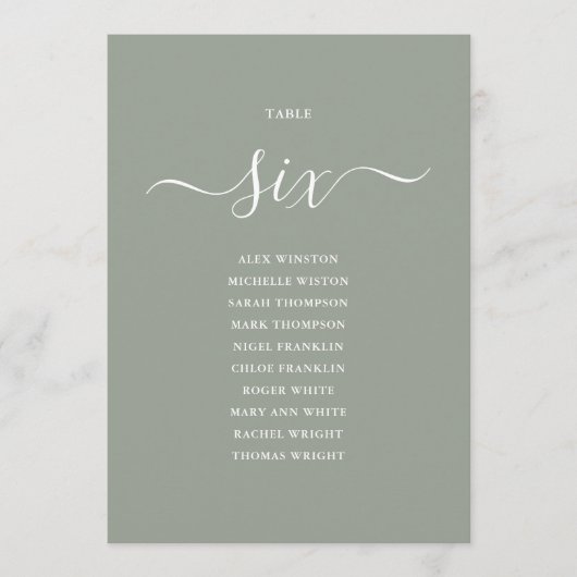 Salbeigrüne Schrift Tischnummer 6 Sitzplan (Vorderseite)