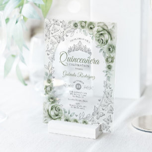 Salbeigrüne Silberne Florale Quinceanera Acryleinladungen