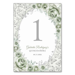 Salbeigrüne Silberne Florale Quinceanera Tischnummer