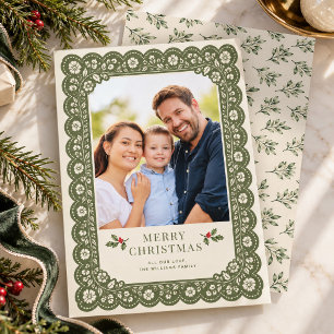 Salbeigrüne Spitzen-Blumen-Familienfoto-Weihnachte Feiertagskarte