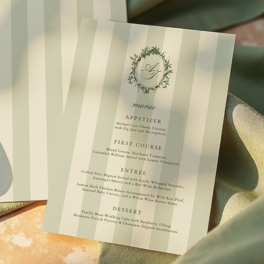 Salbeigrüne Streifen Hochzeitsmenü Menükarte