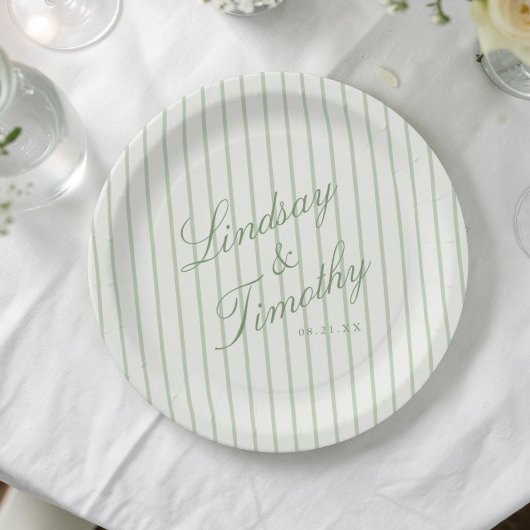 Salbeigrüne Streifen Retro-Hochzeit Pappteller