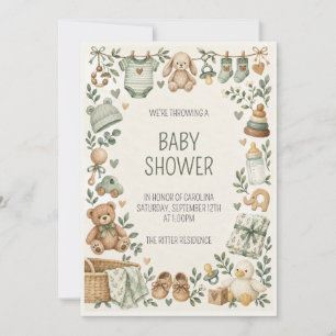 Salbeigrüne Teddybär-Baby-Shower-Einladung Einladung