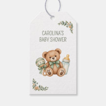Salbeigrüne Teddybär-Baby-Shower-Geschenk-Tags
