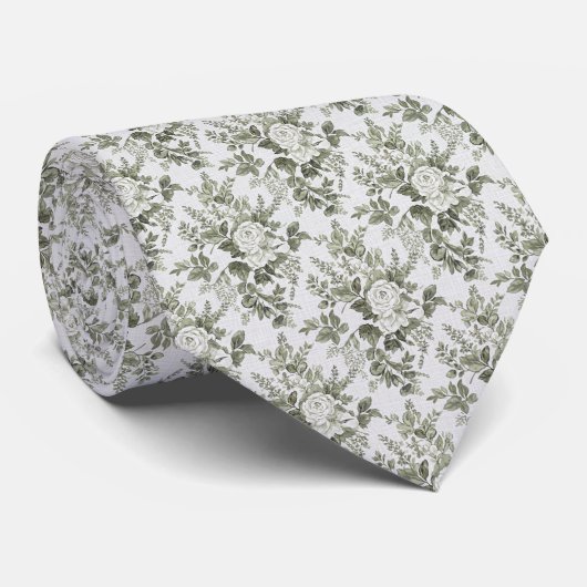 Salbeigrüne Toile-Blumen Krawatte (Gerollt)