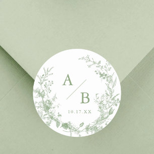 Salbeigrüne Toile viktorianische Hochzeitsinitiale Runder Aufkleber