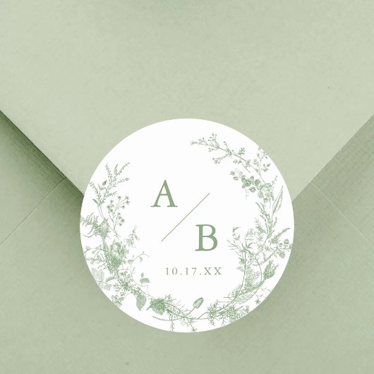 Salbeigrüne Toile viktorianische Hochzeitsinitiale Runder Aufkleber