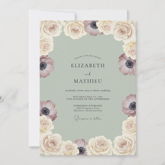 Salbeigrüne Träumerische Anemonen Hochzeit Einladung (Vorderseite)