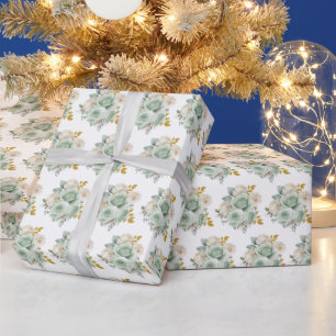 Salbeigrüne und goldene elegante Blumen Geschenkpapier