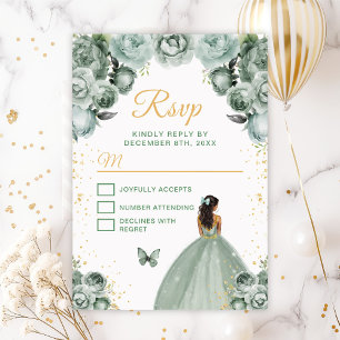 Salbeigrüne und goldene Prinzessin mit dunkler Hau RSVP Karte