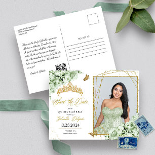Salbeigrüne und goldene Tiara Quinceañera Foto-Pos Postkarte