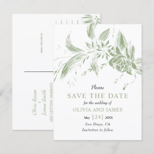 Salbeigrüne und weiße Blumen Save the Date Postkarte