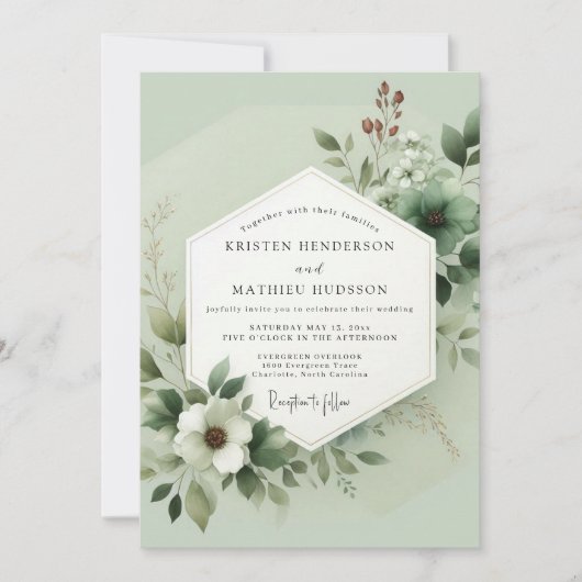 Salbeigrüne üppige botanische Hochzeit Einladung (Vorderseite)