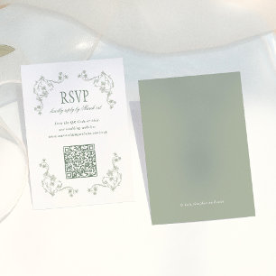 Salbeigrüne Vintage-Blumen-QR-Code-Hochzeits-RSVP Begleitkarte