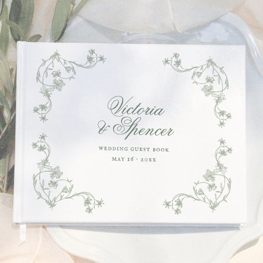 Salbeigrüne Vintage-Blumenhochzeit Gästebuch