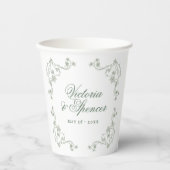 Salbeigrüne Vintage-Blumenhochzeit Pappbecher (Vorderseite)