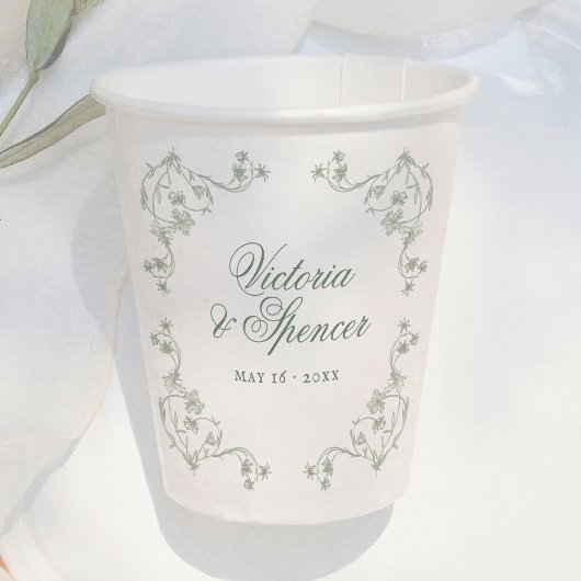 Salbeigrüne Vintage-Blumenhochzeit Pappbecher