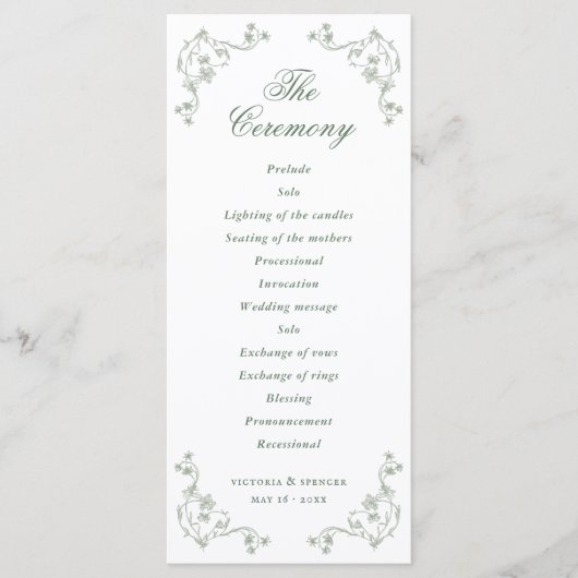 Salbeigrüne Vintage-Blumenhochzeit Programm (Vorderseite)