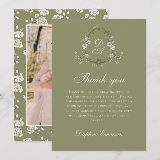 Salbeigrüne Vintage-Botanical-Hochzeit Dankeskarte (Vorne/Hinten)