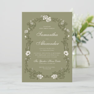 Salbeigrüne Vintage-Botanical-Hochzeit Einladung