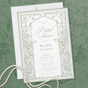 Salbeigrüne Vintage-Botanik-Gitter-Bridal-Shower-E Einladung