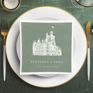 Salbeigrüne Vintage-Burg-Illustration Hochzeit Serviette