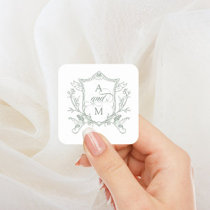 Salbeigrüne Vintage Crest Hochzeit Quadratischer Aufkleber