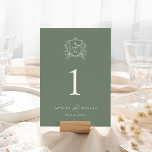 Salbeigrüne Vintage Crest Hochzeit Tischnummer