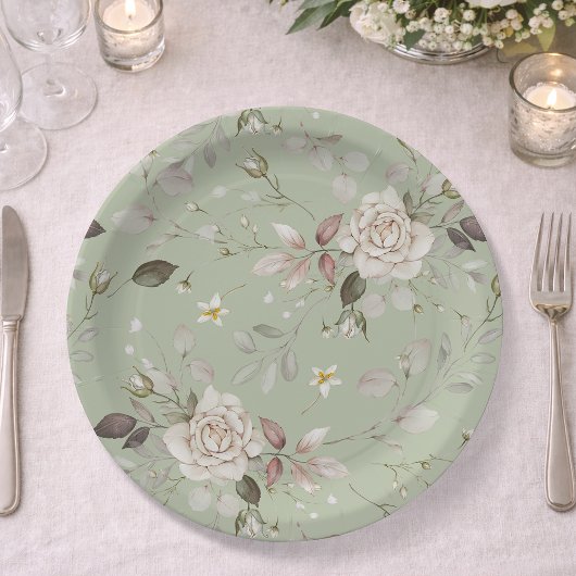 Salbeigrüne Vintage-Rosen-Blumengeschirr Pappteller