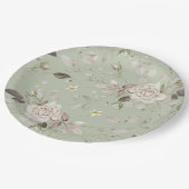 Salbeigrüne Vintage-Rosen-Blumengeschirr Pappteller (Schrägansicht)