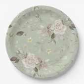 Salbeigrüne Vintage-Rosen-Blumengeschirr Pappteller (Vorderseite)