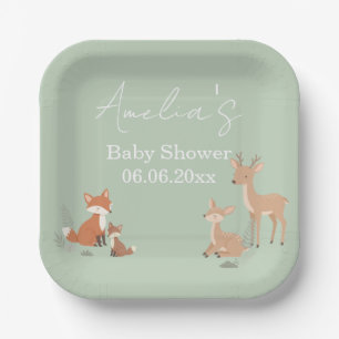 Salbeigrüne Waldtier-Baby-Party Pappteller