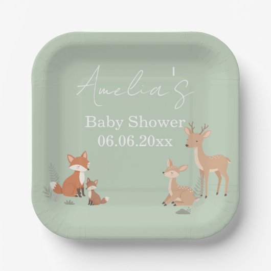 Salbeigrüne Waldtier-Baby-Party Pappteller (Vorderseite)