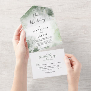 Salbeigrüne Wasserfarbe Gold Splash Hochzeit All In One Einladung