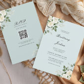 Salbeigrüne weiße Blumen-Skript-QR-Code-Hochzeit Einladung