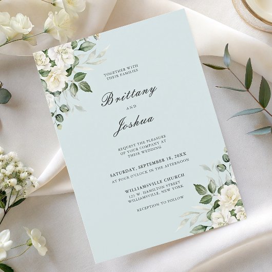 Salbeigrüne weiße Blumen-Skript-QR-Code-Hochzeit Einladung