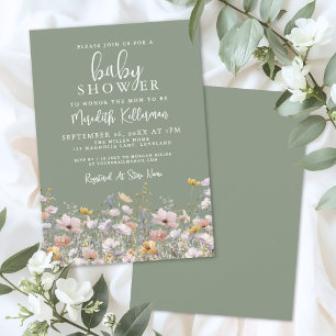 Salbeigrüne Wildblumen-Baby-Party Einladung