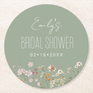 Salbeigrüne Wildblumen Boho-Brautparty-Garten Runder Pappuntersetzer