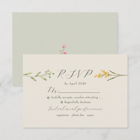 Salbeigrüne Wildblumen-Hochzeit RSVP Karte (Vorne/Hinten)