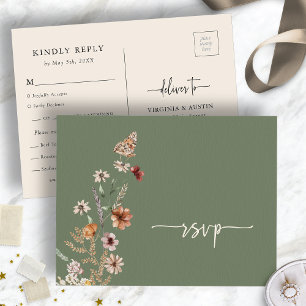 Salbeigrüne Wildblumen-Hochzeit-RSVP-Postkarte Postkarte