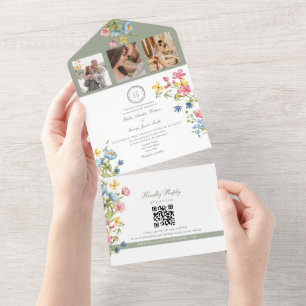 Salbeigrüne Wildblumengarten-Hochzeit All In One Einladung