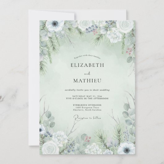 Salbeigrüne Winterhochzeit mit Frost Einladung (Vorderseite)