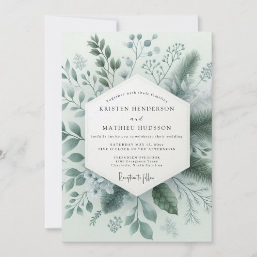 Salbeigrüne Winterliche Botanische Hochzeit Einladung (Vorderseite)