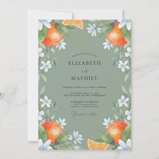Salbeigrüne Zitrus-Hochzeit Einladung (Vorderseite)